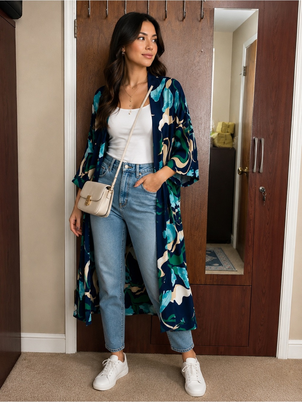 Chico's Navy Floral Satin-Look Open Cardigan